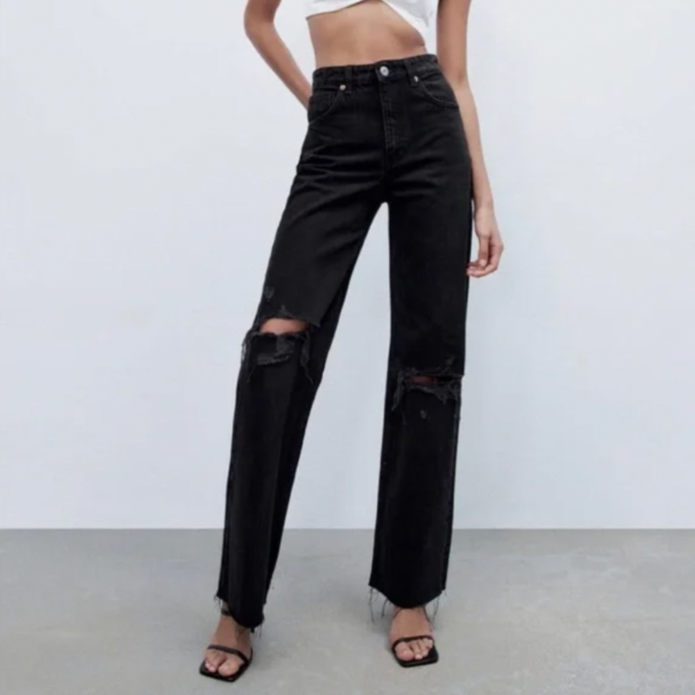 Zara Black High Rise Wide Leg Distressed Jeans